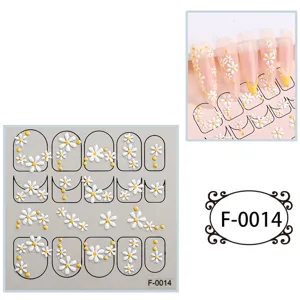 5D embossed white daisy nail sticker detail showing adhesive sheet and manicure design effect.