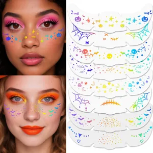 Holographic Halloween temporary face tattoos, colorful shimmering sticker sheet for party makeup.