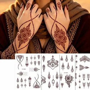 Waterproof henna tattoo sticker, long lasting Indian Mehndi mandala hand sticker for wedding.