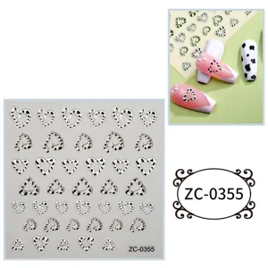 5D soft rubber relief nail stickers featuring trendy black and white cow print heart designs for DIY art.