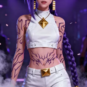 Anime game style women white crop top set with gold accessories and cool tattoos for cosplay.