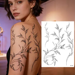 Waterproof temporary tattoo sticker featuring realistic black botanical leaf vine designs.