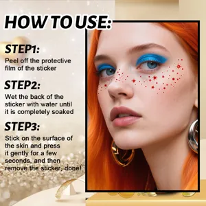 Detail shot of metallic red star freckle face tattoo sticker, waterproof temporary face sticker