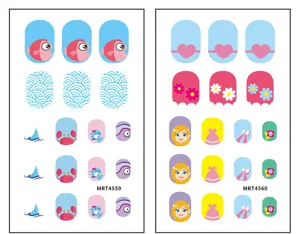 Detailed view of cute cartoon nail art stickers featuring lovely animal and character designs.