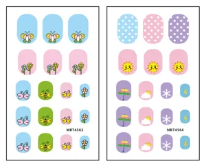 Cartoon nail stickers detail view showing cute butterfly, bee and weather element patch designs.