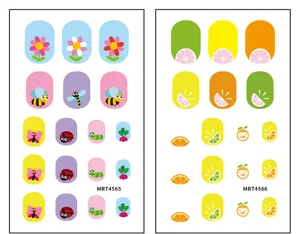 Cute cartoon nail art stickers with colorful flowers, cute bees and fresh fruit designs for kids.