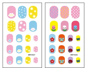 Cute cartoon kids nail stickers sheet with lovely stars flowers and butterflies designs.