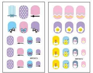 Cute cartoon nail art stickers with sweet bow dots and animal designs, perfect for kids.