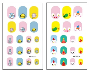 Cute cartoon nail art stickers set with colorful candy and animal designs for DIY manicure.