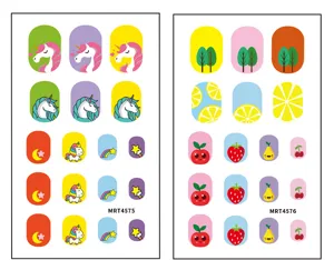 Cartoon nail stickers detail showing cute unicorn fruit strawberry and plant patch designs.