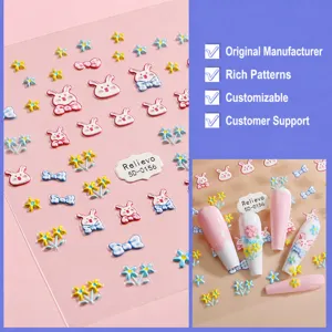 Pegatinas de uñas en relieve 5D lindo conejo lazo flor calcomanías adhesivas para manicura