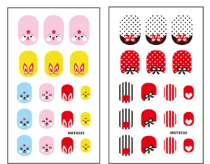 Cute cartoon nail art stickers set, pink rabbit and red polka dot bow fake nail patches for girls.