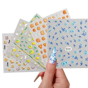 Lindos adhesivos de uñas en relieve 5D dibujos animados florales limón galleta calcomanías