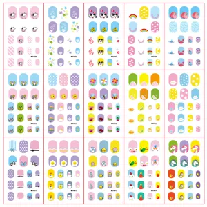 Cute cartoon nail stickers set, colorful fruit and unicorn designs for kids and daily nail art.