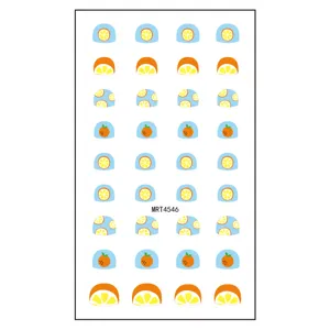 Cute fruit lemon and orange nail art stickers sheet, cartoon gel manicure decals for women.