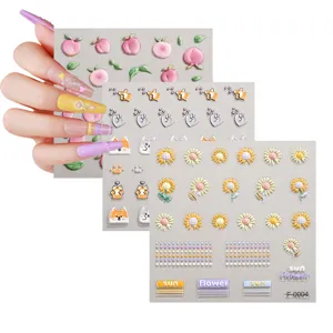 5D Embossed Cute Nail Stickers Kawaii Sunflower Peach Dog Adhesive Nail Decals Sheets