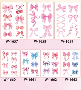 Waterproof temporary tattoo stickers set, cute pink and blue bow ribbon designs for body art.