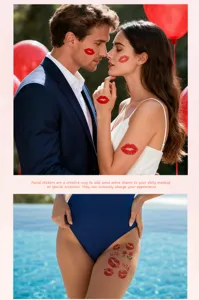 Detail view of waterproof temporary lip print and rose tattoo stickers for body art and makeup.