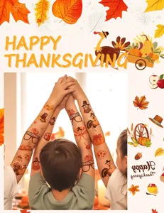 Kids Thanksgiving temporary tattoos detail showing cute cartoon turkey and pumpkin arm stickers.