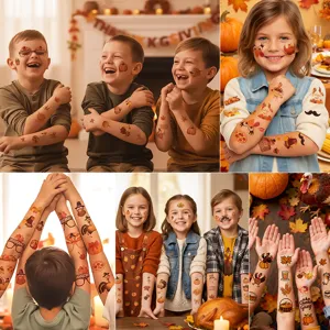 Waterproof Thanksgiving temporary tattoo stickers for kids with cute turkeys and autumn leaves.