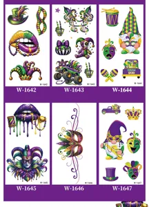 Waterproof Mardi Gras temporary tattoo stickers, carnival masquerade party festival cartoon art.