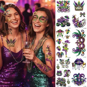 Water Transfer Temporary Tattoo Sticker Mardi Gras Carnival Party Fake Mask Waterproof Body Art Decal for Adults Kids Festival