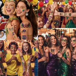 Mardi Gras temporary tattoos for carnival party, waterproof festival body art stickers.