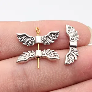 Antique silver wing small hole bead DIY jewelry accessory, approx 22x7mm, durable metal craft charm.