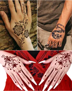 Detailed view of waterproof henna hand tattoo stickers and hollow templates for DIY art.