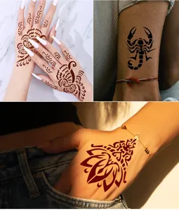 Waterproof temporary tattoo stickers, Indian henna stencil templates for DIY hand art body decoration.