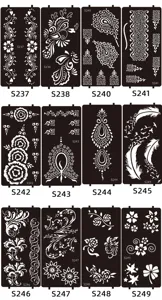 Henna tattoo stencils reusable hollow templates for DIY body art painting designs.