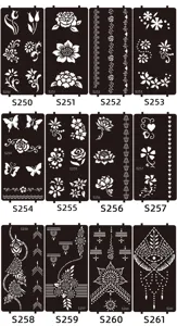 Details of Indian henna tattoo stencils with floral, butterfly and geometric patterns.