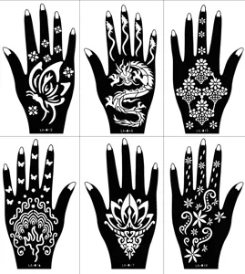 Detail view of hollow henna tattoo stencils, featuring six unique hand pattern designs.
