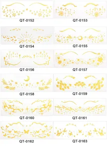 Gold foil face sticker temporary tattoo sheet with various fashion designs for makeup.
