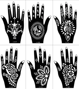 Henna tattoo stencil set detail showing six different hand shaped black hollow patterns.