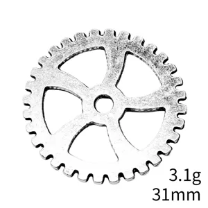 Silver DIY zinc alloy gear pendant charm, 31mm size, 3.1g weight for jewelry making.