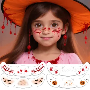 Halloween temporary face tattoo stickers, waterproof bloody scar pumpkin bat face decor.