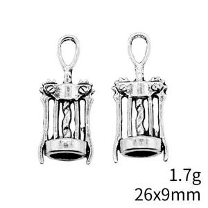 Antique silver wine corkscrew charm pendant vintage retro jewelry accessory 26x9mm 1.7g
