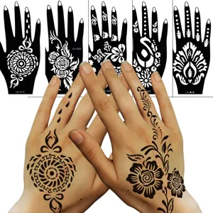 Reusable henna tattoo stencils for hands, waterproof DIY body art painting template sets.