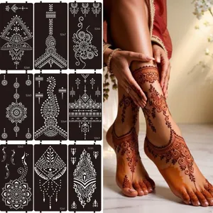 Indian henna tattoo stencil set, reusable DIY body art template for feet and hands