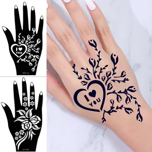 Waterproof Henna tattoo stencil for hand DIY body art featuring floral heart designs and beautiful patterns.