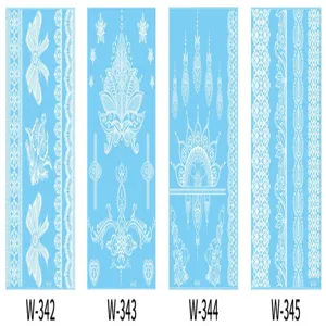 Close-up detail of white lace temporary tattoo sticker showing intricate floral patterns.
