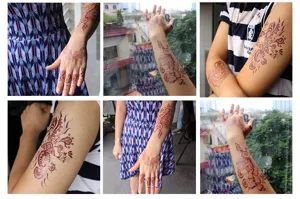 Detail view showing red lace henna temporary tattoo stickers applied on arm and hand for party style.