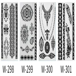 Detailed black lace temporary tattoo sticker sheet featuring various boho floral designs.