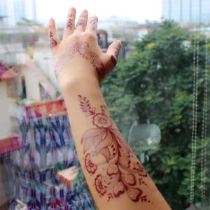 Red henna temporary tattoo sticker, waterproof floral lace body art for party and festival.