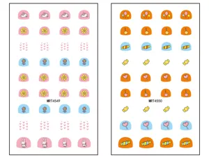 Vue de détail d'autocollants d'ongles de dessin animé pour enfants avec lapins et bonbons.