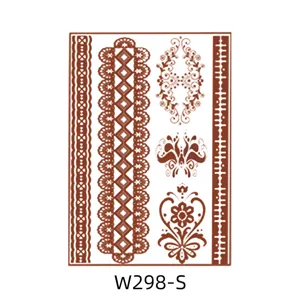 Waterproof brown henna temporary tattoo sticker with geometric lace and floral patterns for party.