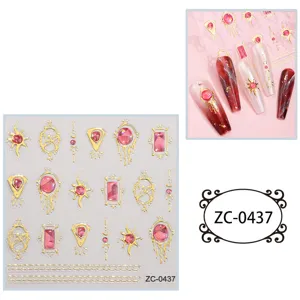 5D soft embossed nail stickers with gold borders and pink gemstone designs for DIY art.