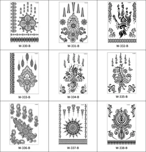 Conjunto de pegatinas de tatuaje temporal de encaje negro, diseños de arte corporal de henna.