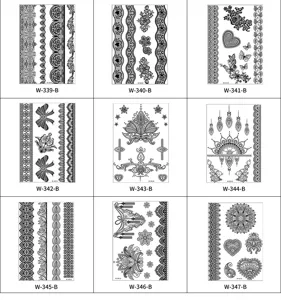 Tatuajes temporales de encaje negro calado, vista de detalle con nueve estilos.